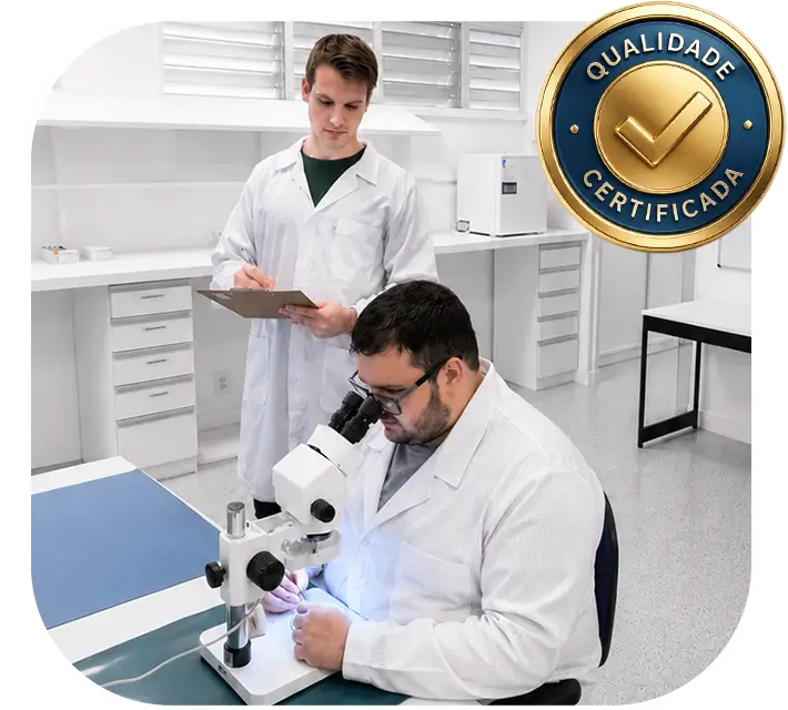 um engenheiro inspeciona um colaborador que está produzindo um aparelho auditivo em um microscópio